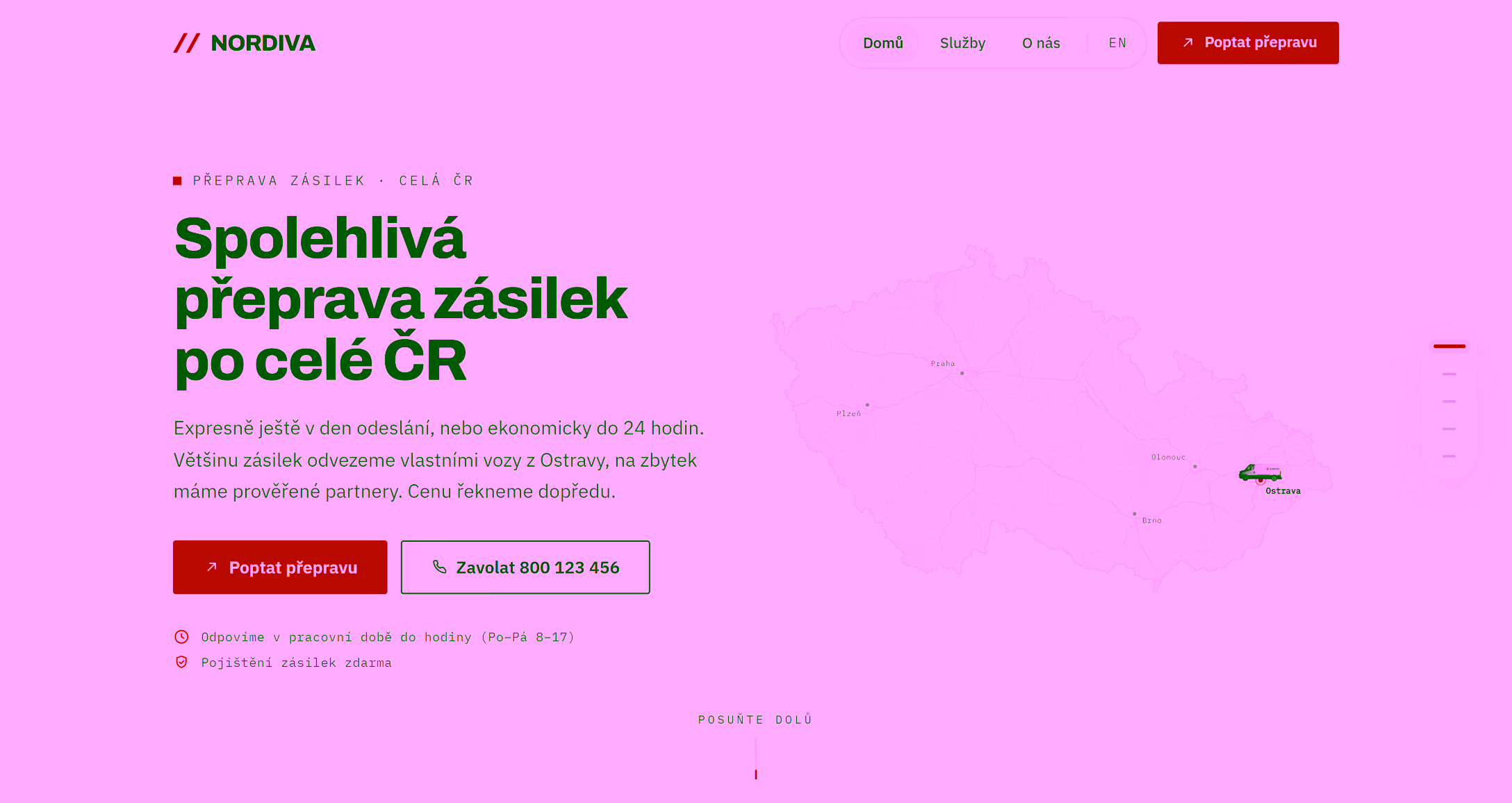 Úvodní obrazovka webu Nordiva — tmavý hero s mapou tras a poptávkou na dva kliky